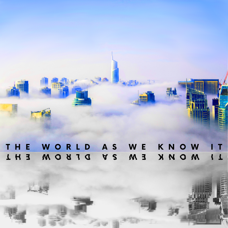 The World As We Know It, Futuristic, City, landscape, skyscrapers, techno, sci-fi, science fiction, buildings, reflection, glitch, slice, typography, graphic design, techniques, mixed colour, effects, skyline