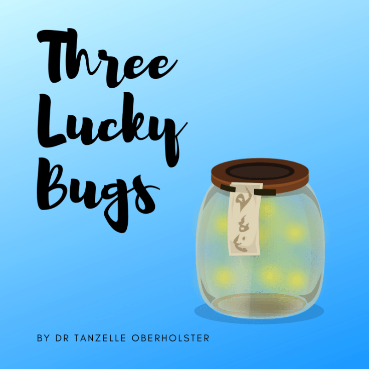 Three Lucky Bugs Mind Frame Shift Tanzelle Oberholster, firefly, jar, insects, blue background, graphic design